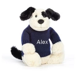 Bashful Black & Cream Puppy With Personalised Navy Jumper