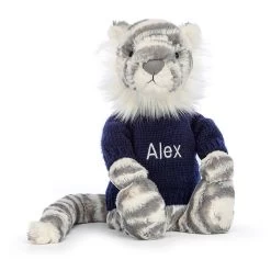 Bashful Snow Tiger With Personalised Navy Jumper