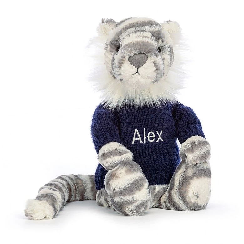 Bashful Snow Tiger With Personalised Navy Jumper 3 Bashful Snow Tiger With Personalised Navy Jumper