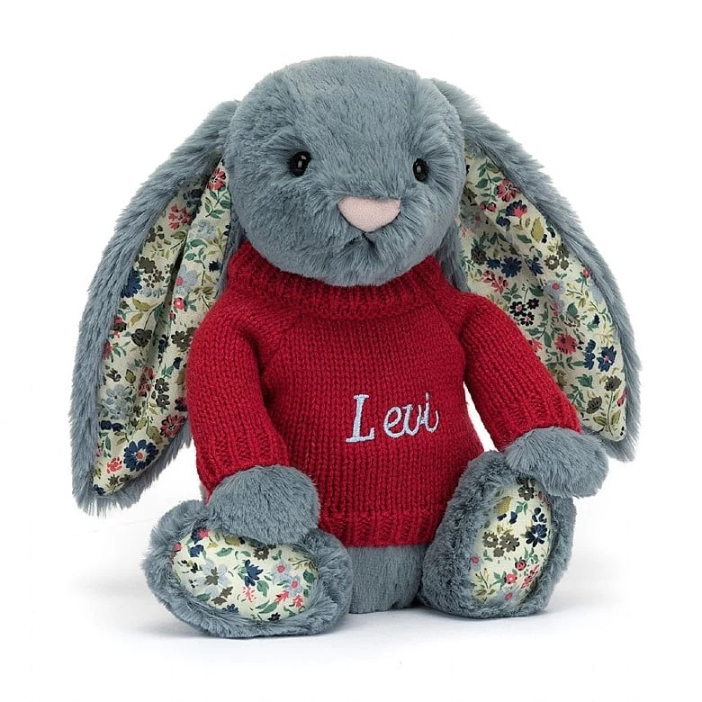 Blossom Dusky Blue Bunny With Personalised Red Jumper 3 Blossom Dusky Blue Bunny With Personalised Red Jumper
